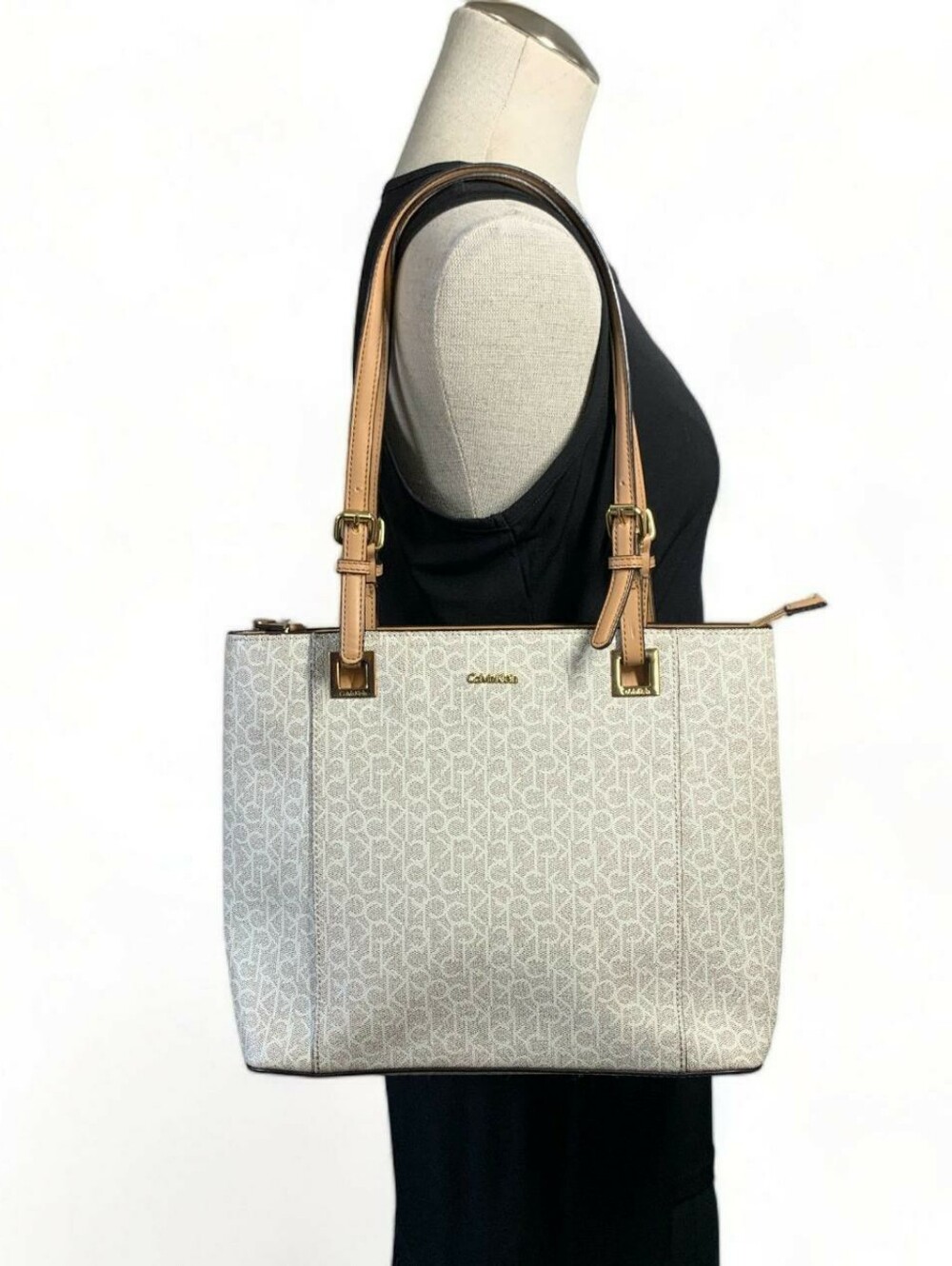 CALVIN KLEIN Handbag Purse Serafina Logo Monogram Tote Bag Cream White Pink